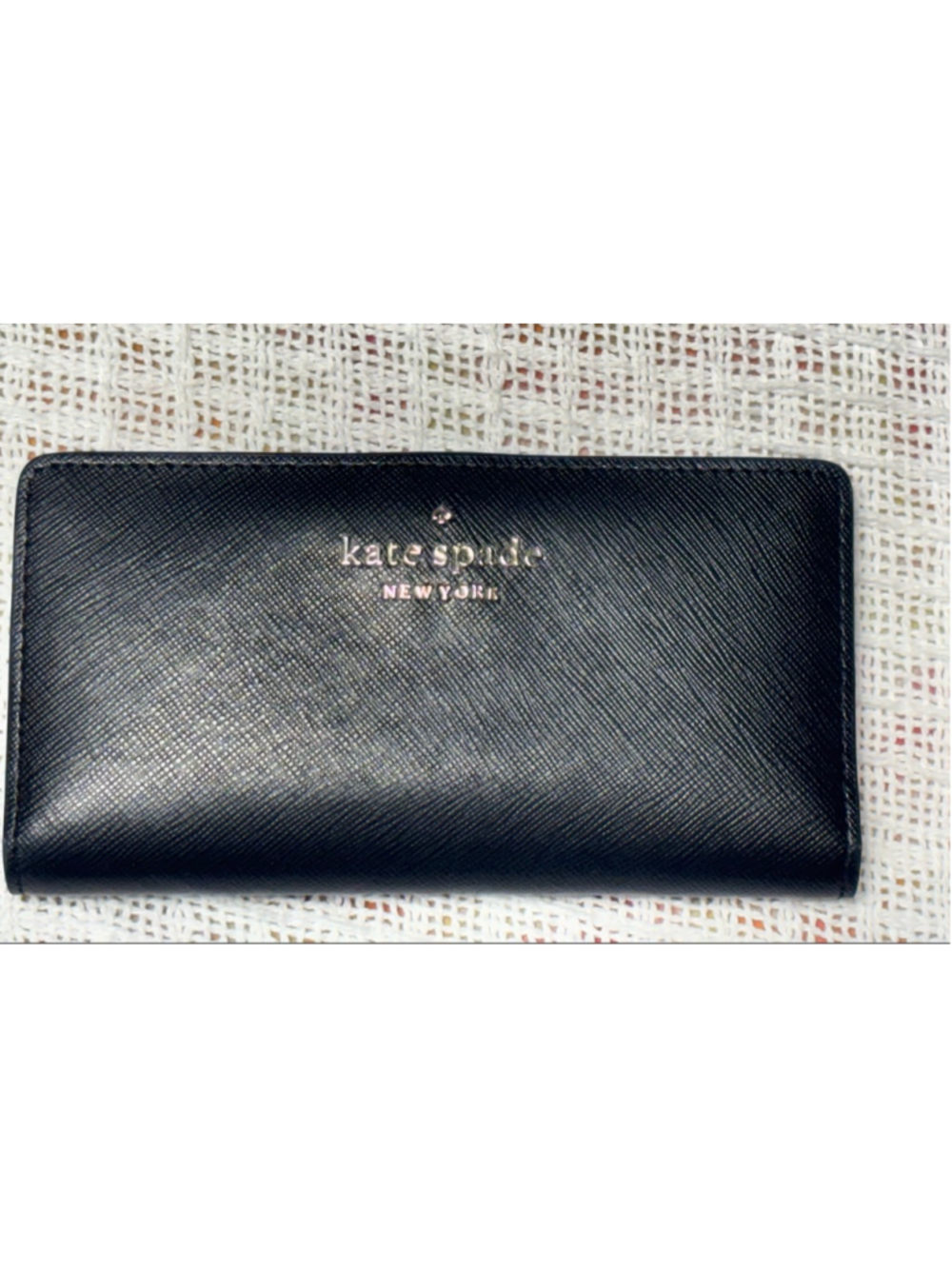 Kate Spade Classic Black "Staci" Large Minimalist Saffiano Leather Bifold Wallet